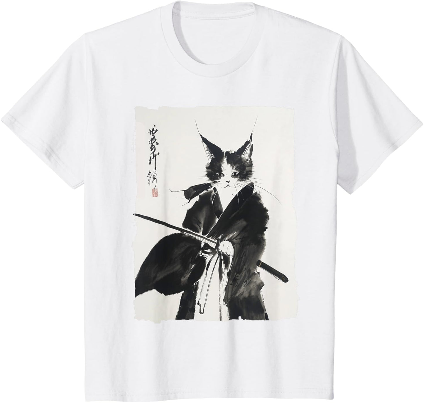 Vintage Samurai Cat Graphic Art Print T-Shirt