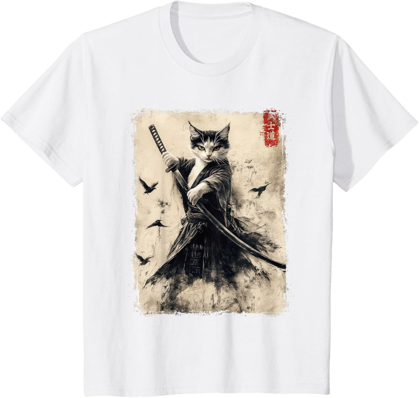 Vintage Samurai Cat Graphic Printed T-Shirt