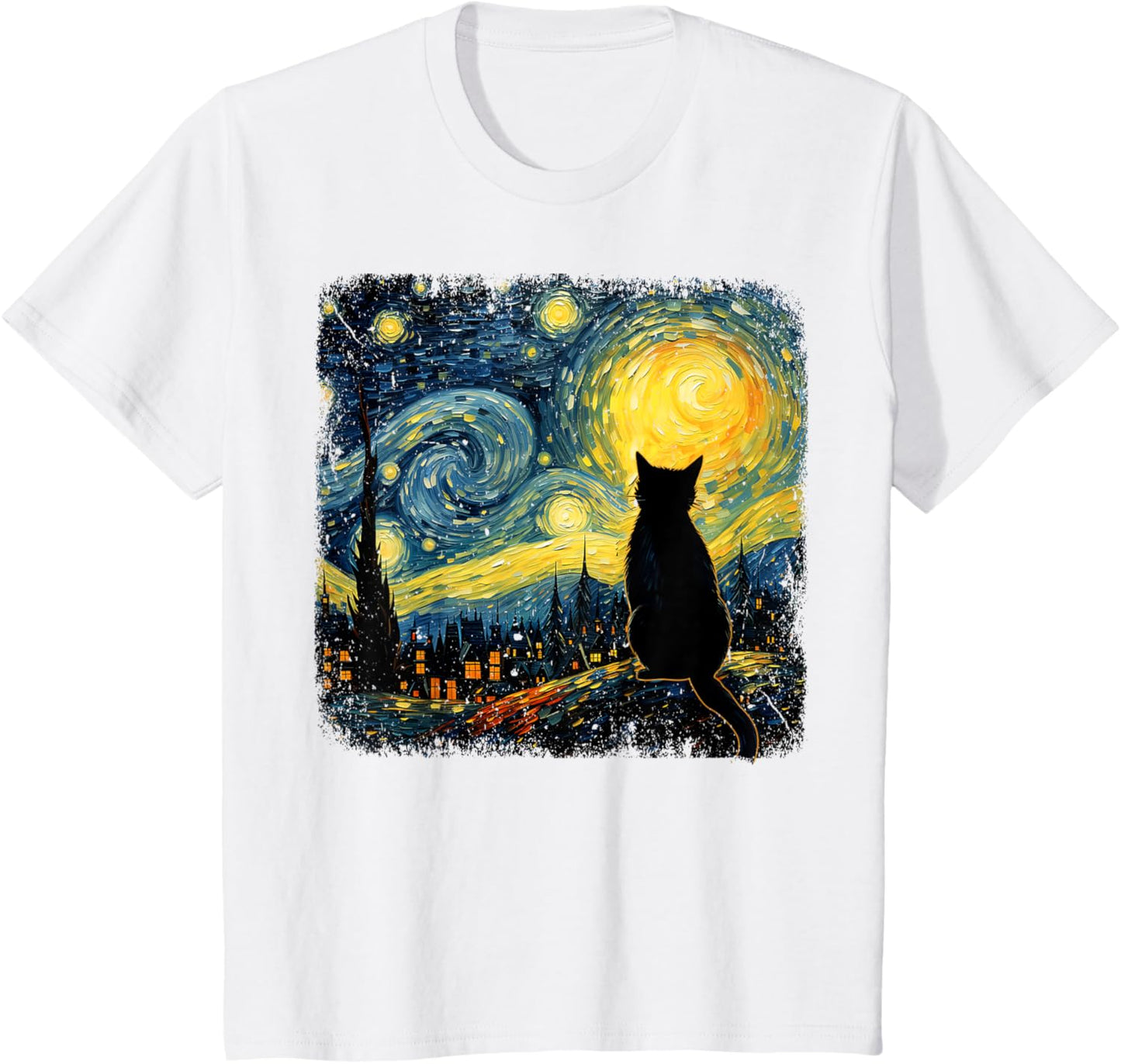Starry Night Van Gogh Cat Printed T-Shirt