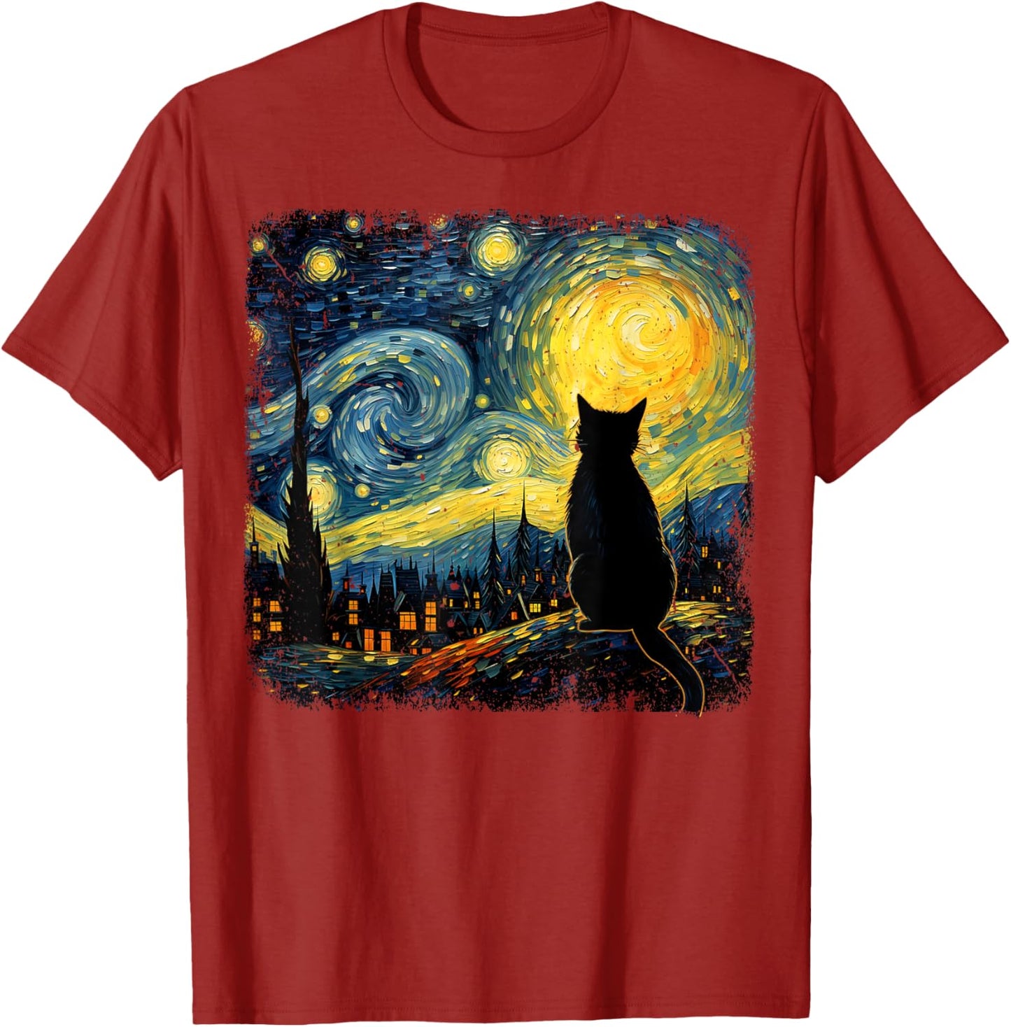 Starry Night Van Gogh Cat Printed T-Shirt