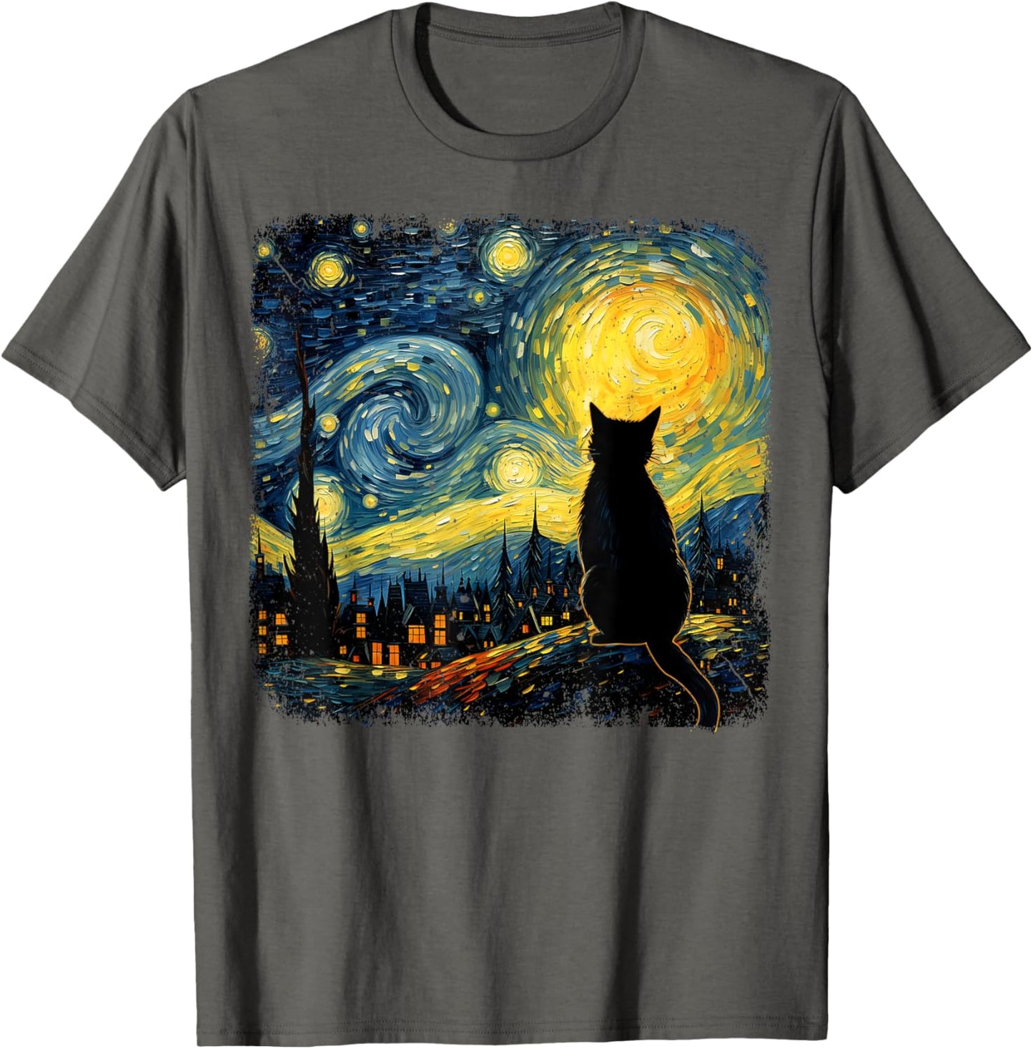 Starry Night Van Gogh Cat Printed T-Shirt