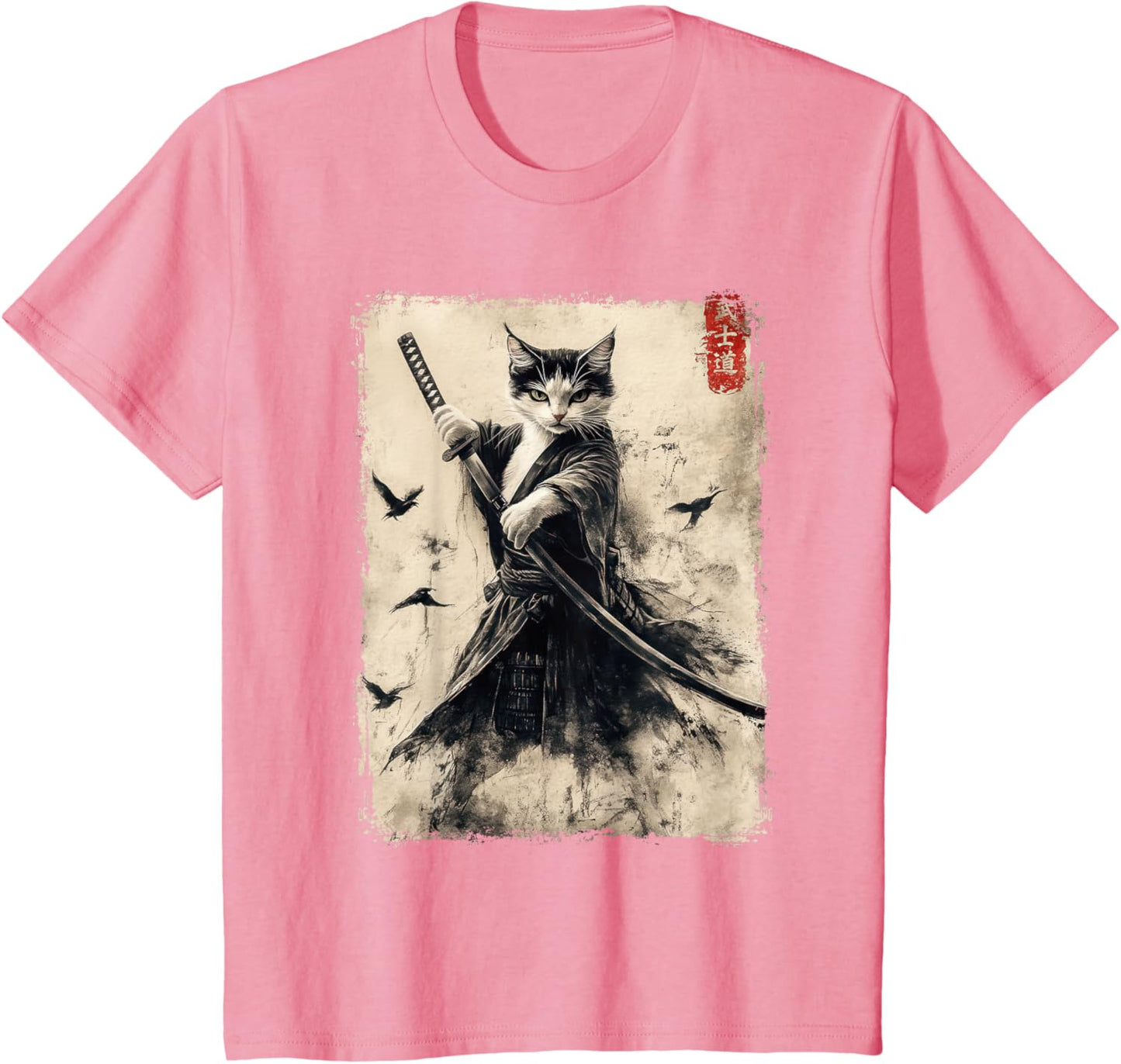 Vintage Samurai Cat Graphic Printed T-Shirt