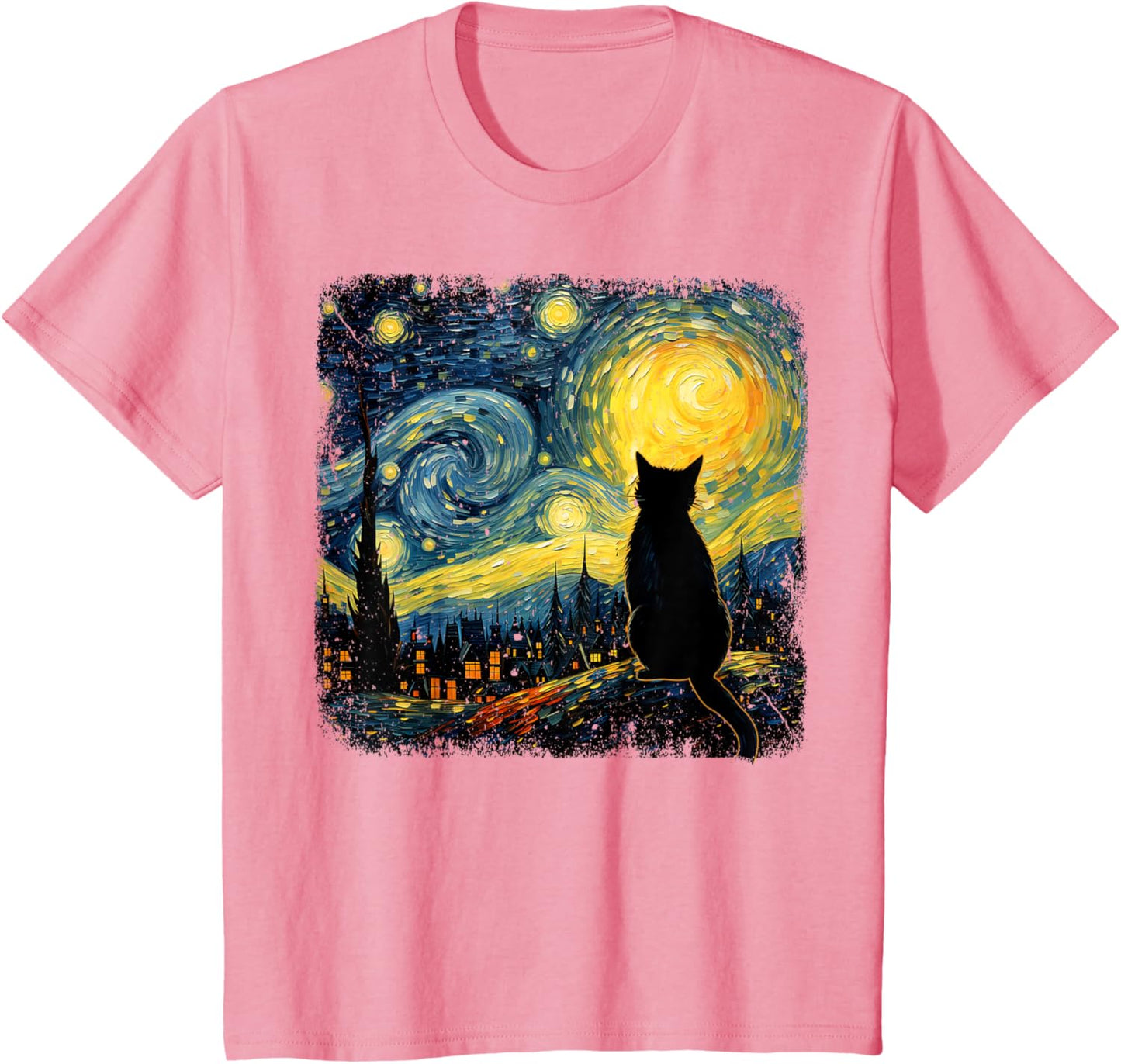 Starry Night Van Gogh Cat Printed T-Shirt
