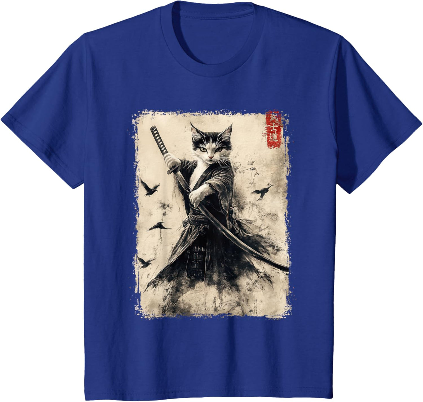 Vintage Samurai Cat Graphic Printed T-Shirt