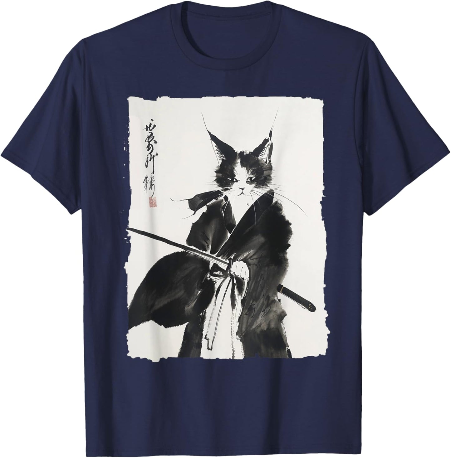 Vintage Samurai Cat Graphic Art Print T-Shirt