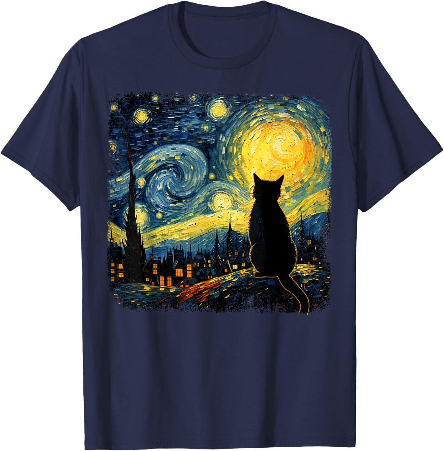 Starry Night Van Gogh Cat Printed T-Shirt