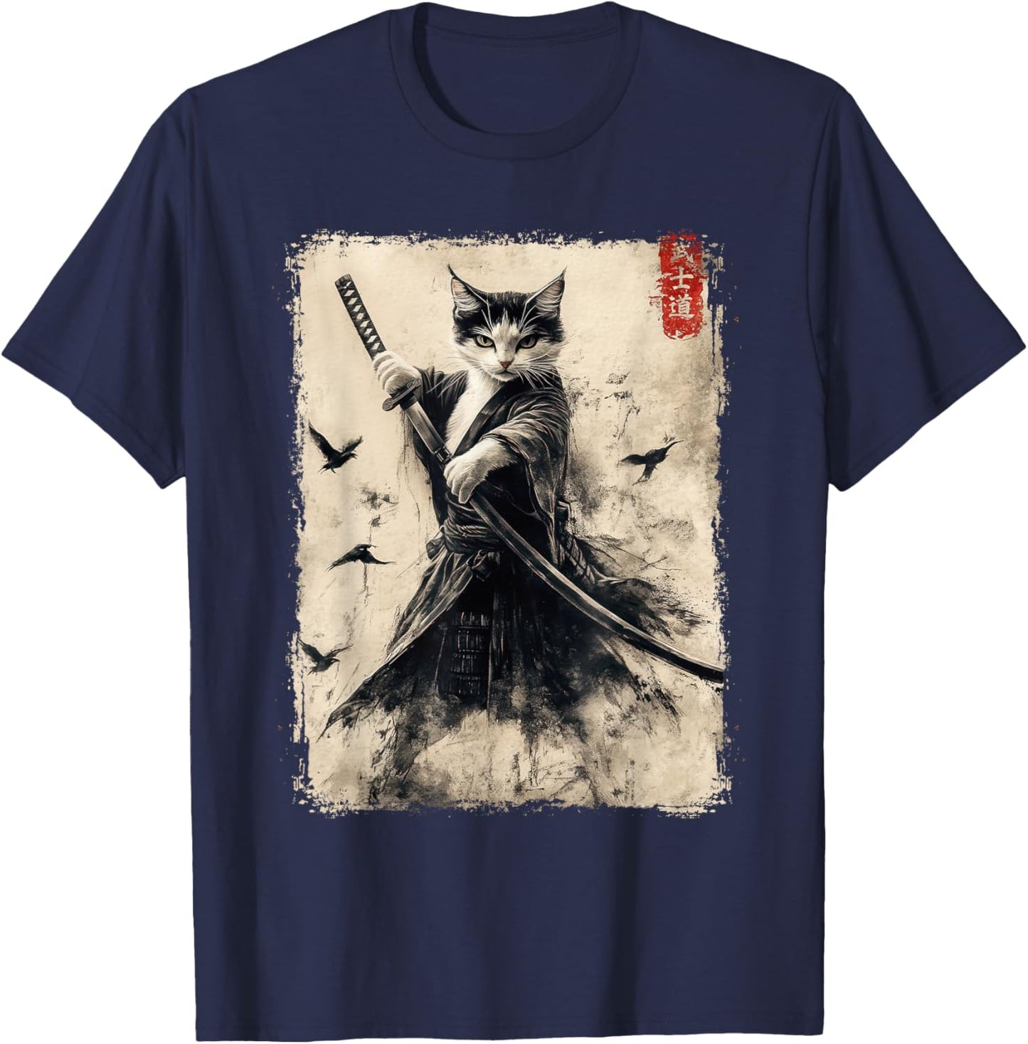 Vintage Samurai Cat Graphic Printed T-Shirt