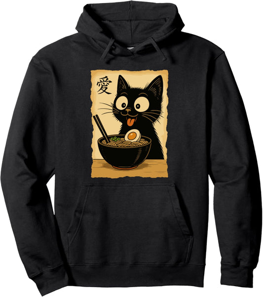 Kawaii Black Cat Eating Ramen Pullover Hoodie