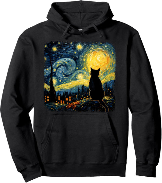Starry Night Van Gogh Cat Printed Pullover Hoodie