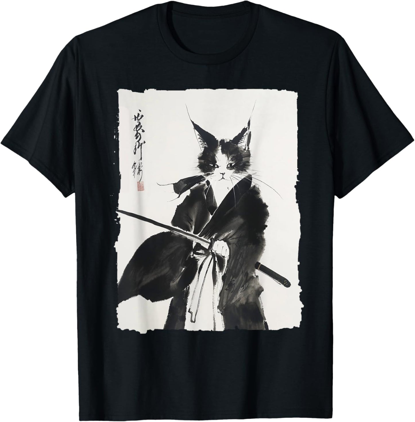 Vintage Samurai Cat Graphic Art Print T-Shirt
