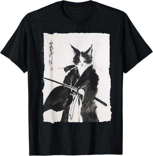 Vintage Samurai Cat Graphic Art Print T-Shirt