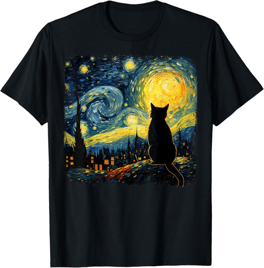Starry Night Van Gogh Cat Printed T-Shirt