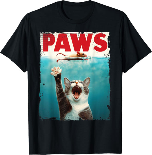 PAWS Parody Cat Chasing Mouse Graphic T-Shirt