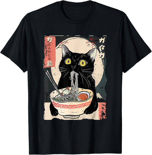 Unisex Cat Eating Ramen Noodles Funny Japanese Style Graphic T-Shirt