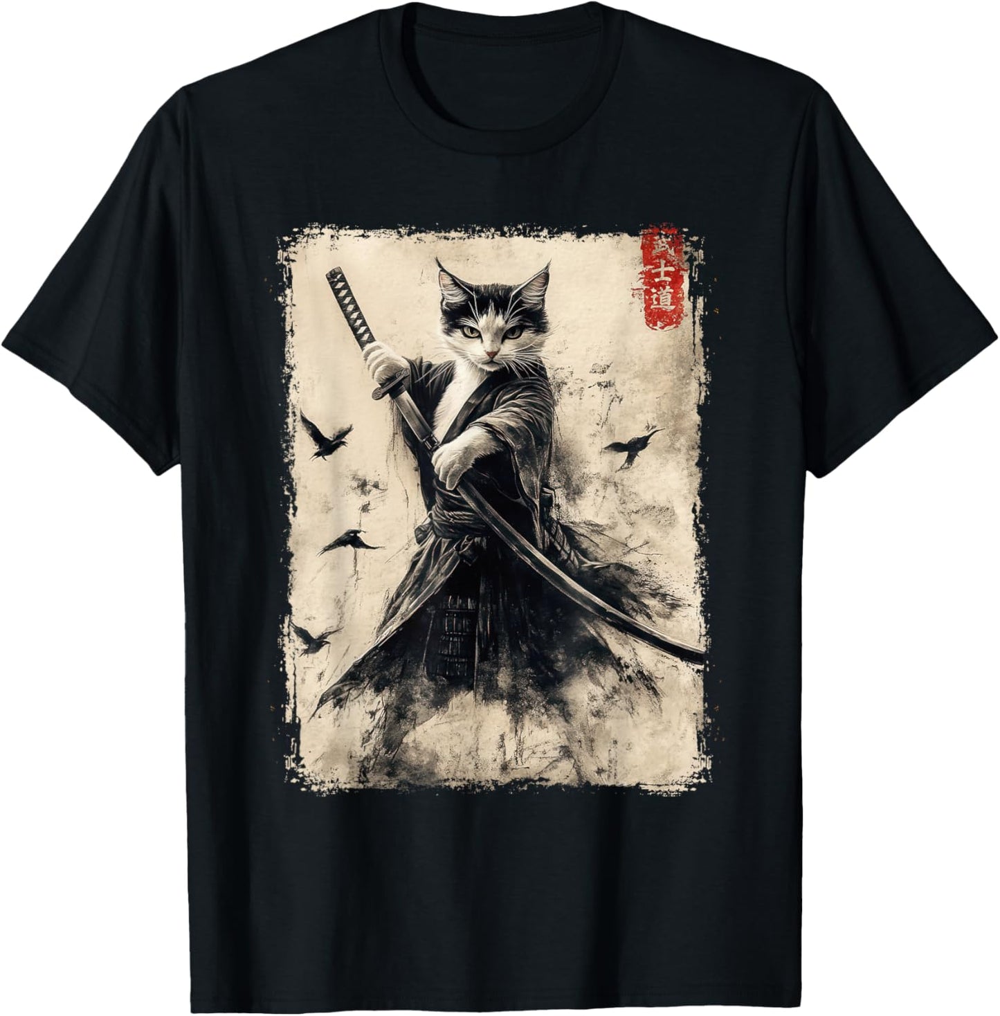 Vintage Samurai Cat Graphic Printed T-Shirt