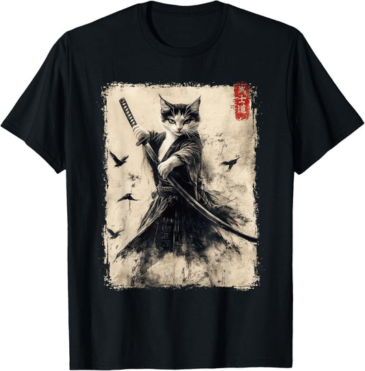 Vintage Samurai Cat Graphic Printed T-Shirt