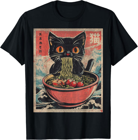 Unisex Anime Cat Ramen Japanese Funny Graphic Tees Kawaii Cat Anime Gifts T-Shirt