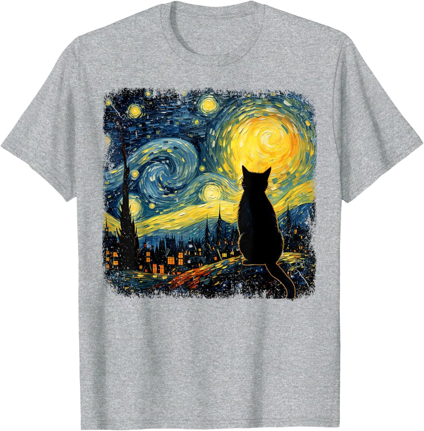 Starry Night Van Gogh Cat Printed T-Shirt