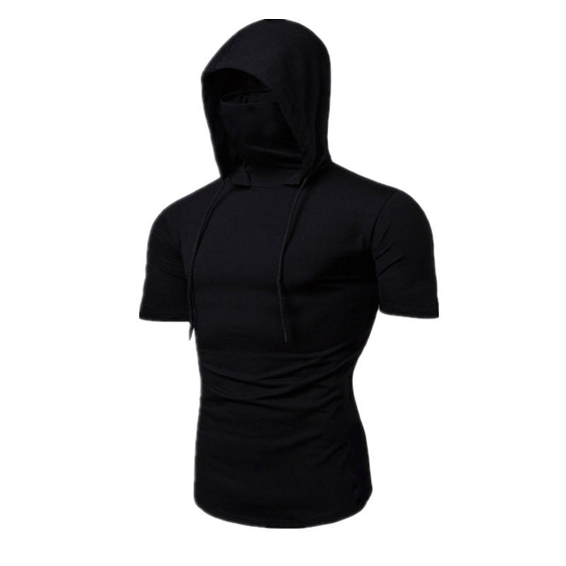 Men's Elastic Ninja Hooded Mask Short-sleeved T-shirt