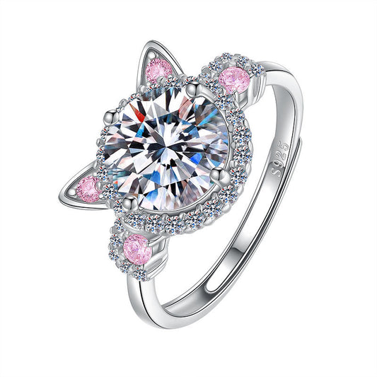 Silver Pink Cat Open Ring
