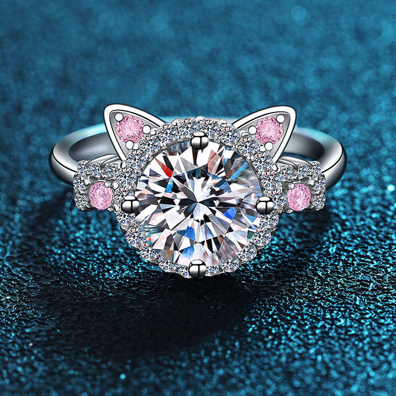 Silver Pink Cat Open Ring