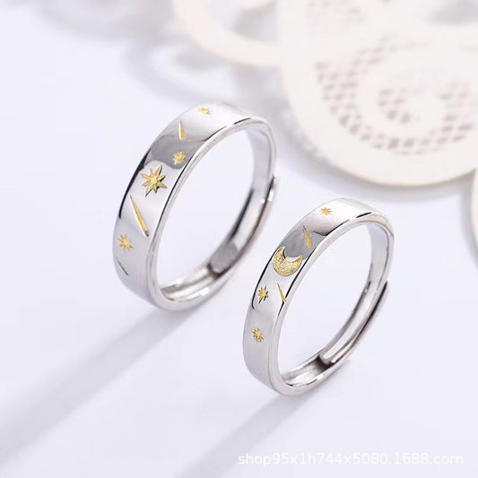 S925 Silver Sun Moon Stars Couple Ring