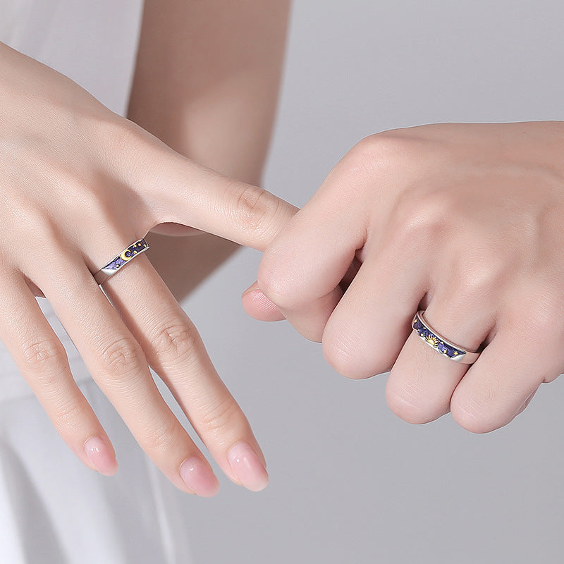S925 Silver Day and Night Sun and Moon Couple Rings