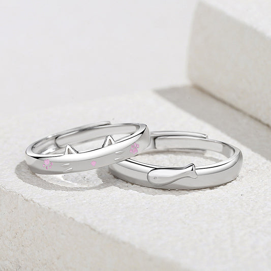 Cartoon Cat and Fish Silver Couple Ring
