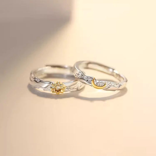 Silver Sun and Moon Couple Ring