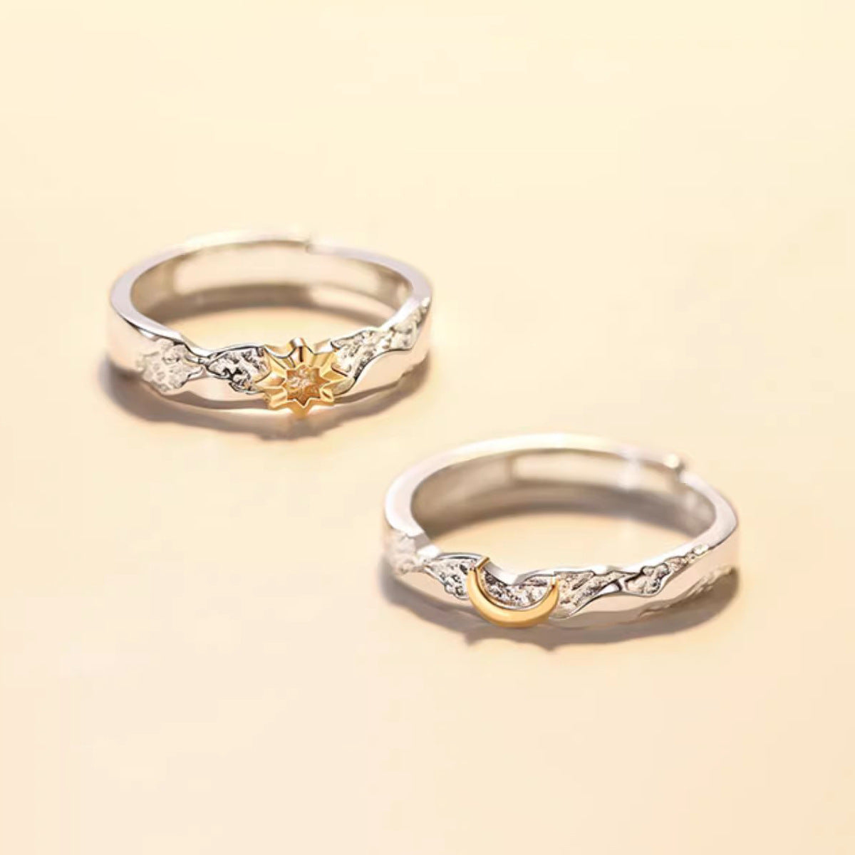 Silver Sun and Moon Couple Ring