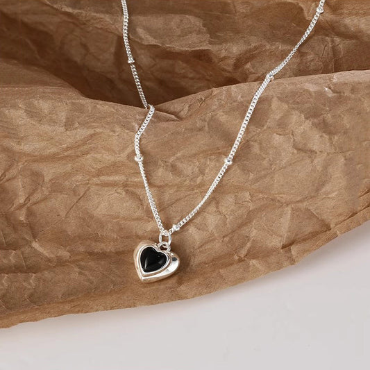 S925 Silver Black Agate Heart Necklace