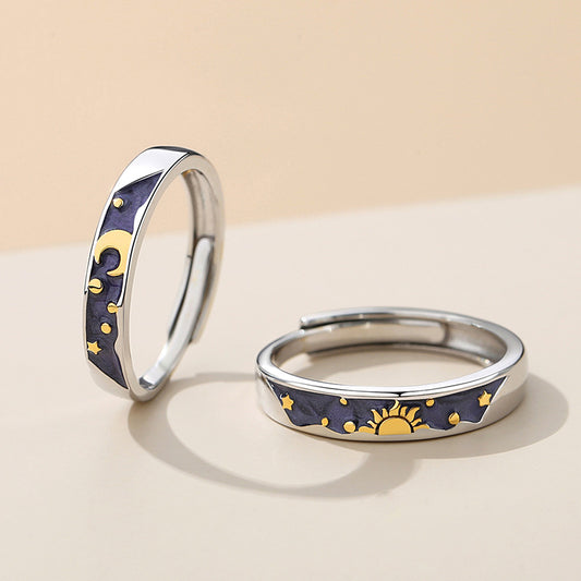 S925 Silver Day and Night Sun and Moon Couple Rings