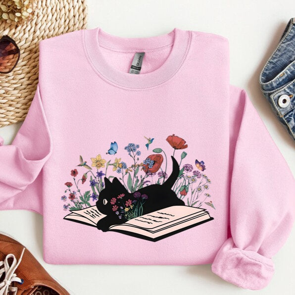 Cute Floral Cat Book Printed T-shirt