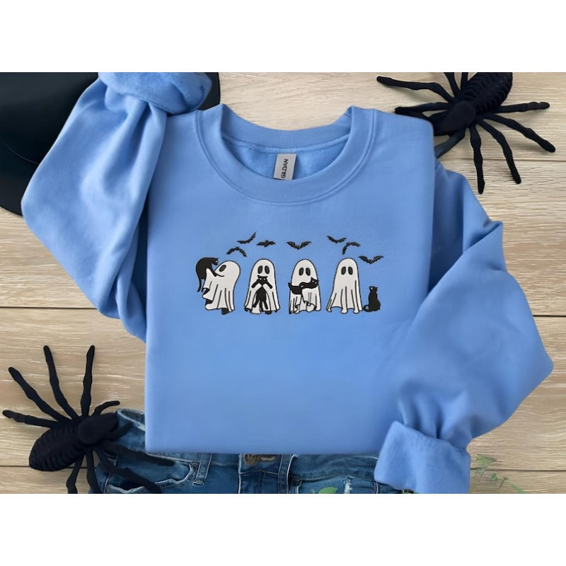 Halloween Ghost Black Cat Embroidered Sweatshirt