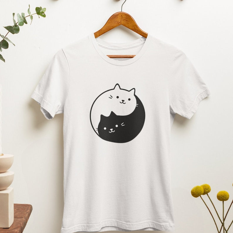 Cute Aesthetic Yin Yang Cat Print T-Shirt