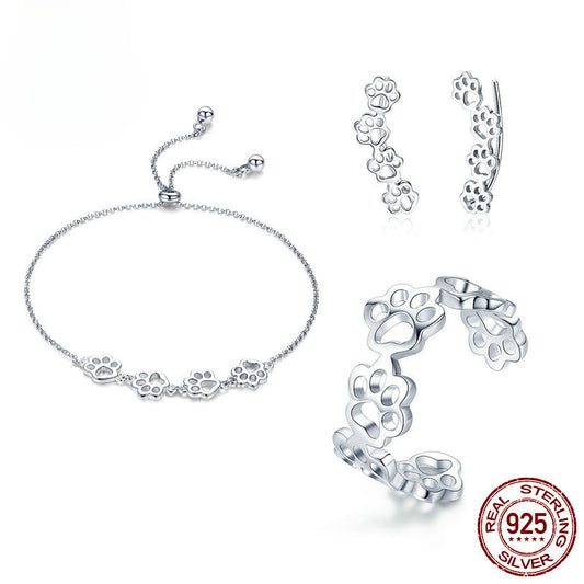 Cute Pet Claw Marks Silver Bracelet Earrings Set