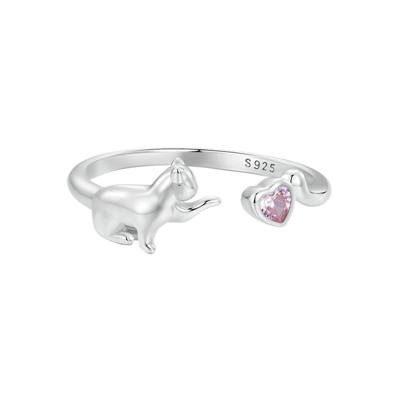 Silver Pink Love Cat Open Ring